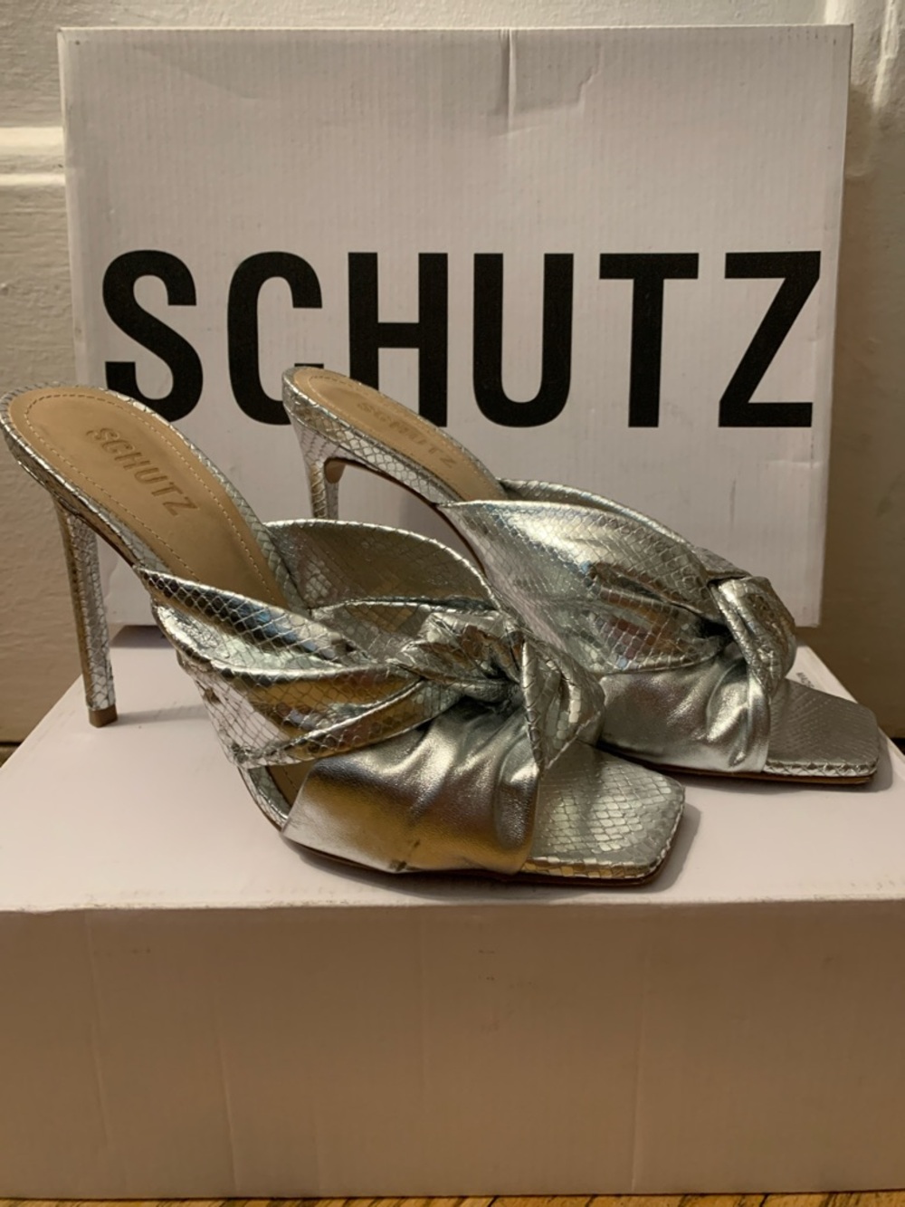 SCHUTZ Silver Knotted Mule Heels